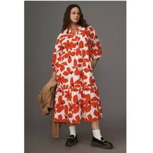 Anthropologie The Bettina Tiered Shirt Dress by Maeve In Red Motif Size 1X